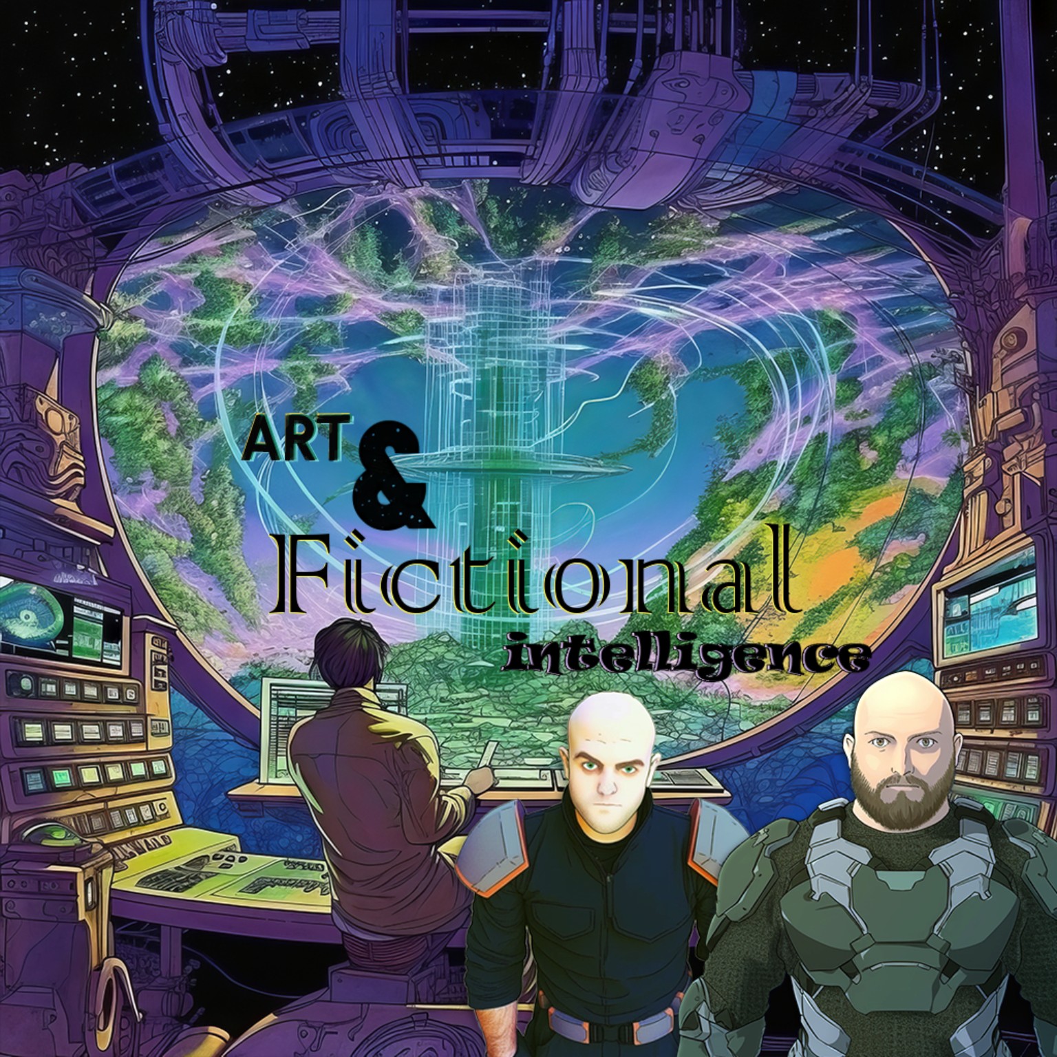 George and Steve in A&FI's illustrated space-station studio, overlooking a fantastical world.